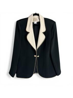 Vintage Silk Black and White Women's Blazer with Decorative Trim